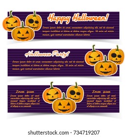 Magic Halloween party horizontal banners with calligraphic inscriptions and paper evil pumpkins on purple striped background vector illustration