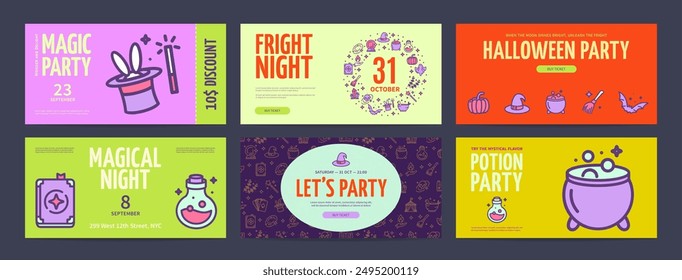 Magic Halloween Party Night Horizontal Placard Poster Banner Card Template Set. Vector illustration of Mystery Event Invitation