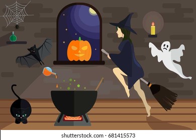 Magic Halloween Party.  Witch with a black cat, pumpkin, bat and ghost, Night Halloween room. Flat style