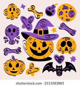 magic Halloween pumpkins and flying bats freehand illustration of skeletons of pumpkins magic mice