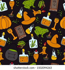 Magic halloween seamless. Background with objects for ritual. Potion vector pattern.