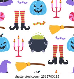 magic halloween seamless pattern with candle holder, witch hat, pumpkin, broom, potion and candies, vector illustration in flat style