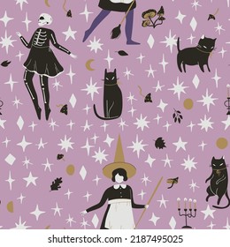 Magic Halloween seamless pattern with carnival party characters