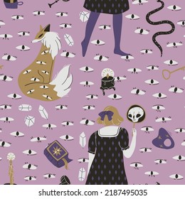 Magic Halloween seamless pattern with carnival party characters