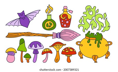 Magic Halloween set, witch elements bright line drawing. Hag cauldron, bat, toxic mushroom, wizard broom, potion poison bottle. Party comic horror witchcraft esoteric alchemy cartoon elements vector