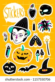 Magic Halloween stickers. Hand drawn vector set. All elements are isolated