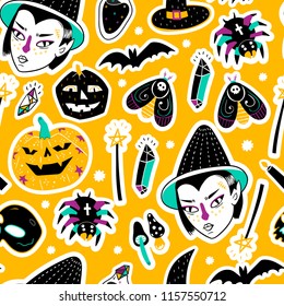 Magic Halloween stickers. Hand drawn vector seamless pattern