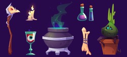 Magic or halloween stuff witch cauldron, staff with bird skull, burning candles, eyeball in goblet, potion in beakers, bones and potted plant, pc game items isolated cartoon illustration, icons set