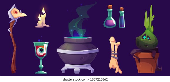 Magic or halloween stuff witch cauldron, staff with bird skull, burning candles, eyeball in goblet, potion in beakers, bones and potted plant, pc game items isolated cartoon illustration, icons set