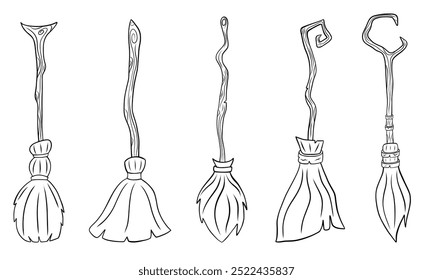 Magic halloween witch broom sketch set. Outline broomstick illustration.