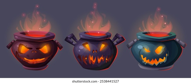 Magic halloween witch cauldron with spooky fire face vector. Wizard potion cooking in caldron with smoke isolated set. Scary magician witchcraft container with boiling alchemy for party illustration