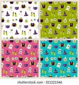 Magic Halloween Witch Seamless Pattern Set. Flat Style Vector Seamless Texture Backgrounds. Collection of Halloween Party Holiday Templates. Trick or Treat