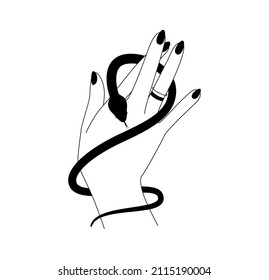 Magic hand and black celestial snake. Spiritual elegant symbol for branding name logo. Esoteric mystical outline silhouette serpent isolated on white background. Doodle Vector illustration