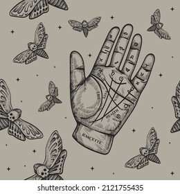 Magic hand. Black magic seamless pattern. Hand engraved tattoo style illustration Spooky night gothic witchcraft