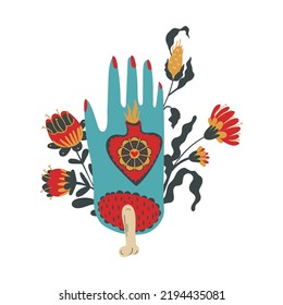 Magic hand with burning heart and flowers