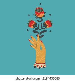 Magic hand with burning heart and flowers