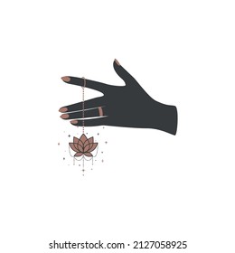 Magic hand with celestial lotus flower in trendy boho style. Black and gold colored alchemy spiritual symbol for branding name and logo. Esoteric and mystical Vector illustration