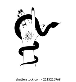Magic hand and celestial snake outline. Spiritual elegant symbol for branding name logo and temporary tattoo. Esoteric mystical black silhouette serpent for magic witch craft. Vector illustration