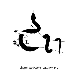 Magic hand and celestial snake outline style. Spiritual elegant symbol for branding name logo. Esoteric mystical black silhouette serpent for magic witch craft. Vector illustration
