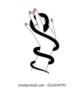 Magic hand and celestial snake. Spiritual elegant symbol for branding name logo. Esoteric mystical outline silhouette serpent isolated on white background. Doodle Vector illustration