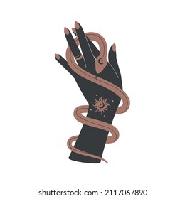 Magic hand and celestial snake. Spiritual elegant symbol for branding name logo. Esoteric mystical silhouette serpent for magic witch craft. Doodle Vector illustration