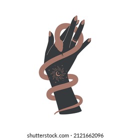 Magic hand and celestial snake. Spiritual elegant symbol for branding name logo. Esoteric mystical silhouette serpent isolated on white background. Doodle Vector illustration
