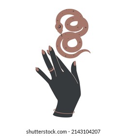 Magic hand with celestial snake. Spiritual tribal serpent for branding name logo in boho style. Mystical silhouette viper for alchemy witchcraft. Bohemian Vector illustration