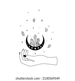 Magic hand with crescent moon with crystal in trendy boho line style. Outline alchemy symbol for branding or logo and embleb witchcraft shop. Esoteric and mystical design element. Vector illustration