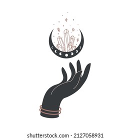 Magic hand with crescent moon with healing crystal in trendy boho style. Alchemy symbol for branding or logo for cosmetics or beauty products. Celestial Vector illustration