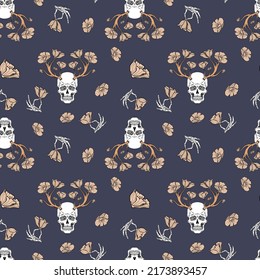 Patrón inmaculado de colores dibujado a mano mágica con cráneos, cuernos y flores. Fantasía vectorial sin fisuras para impresiones, textiles, papel pintado y otros proyectos de diseño conceptual.