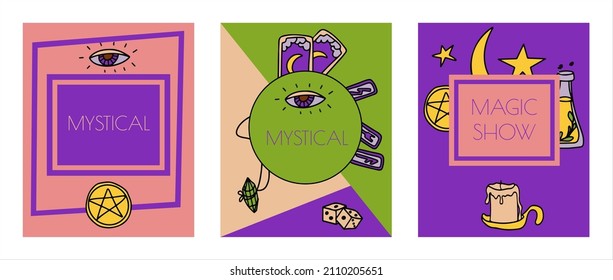 Magic hand drawn doodle banners. Vector icons of magic items. Collection halloween elements. Magic broom, potions, fortune-telling cards, runes, books, magic wand, hourglass