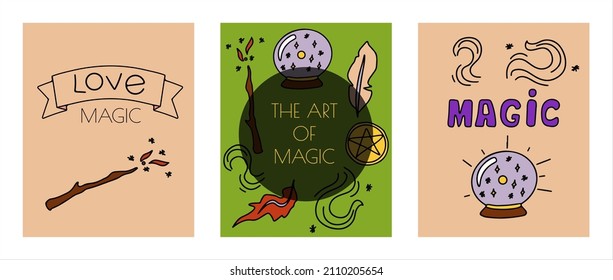 Magic hand drawn doodle banners. Vector icons of magic items. Collection halloween elements. Magic broom, potions, fortune-telling cards, runes, books, magic wand, hourglass