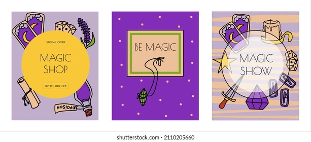 Magic hand drawn doodle banners. Vector icons of magic items. Collection halloween elements. Magic broom, potions, fortune-telling cards, runes, books, magic wand, hourglass