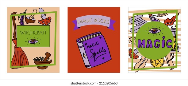 Banderas de doodles dibujadas a mano mágica. Iconos vectores de elementos mágicos. Elementos de halloween de la colección. escoba mágica, pociones, cartas de adivinación, corridas, libros, varita mágica, vidrio