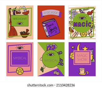 Banderas de doodles dibujadas a mano mágica. Iconos vectores de elementos mágicos. Elementos de halloween de la colección. Escoba, pociones, tarjetas de adivinación, corridas, libros, varita mágica, tienda mágica de vidrio, espectáculo, mística.