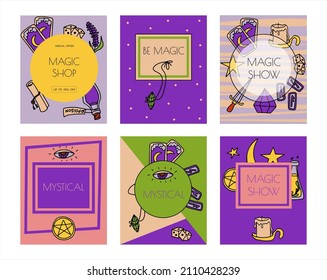 Zauberhafte, handgezeichnete Doodle-Banner. Vektorsymbole von Zaubergegenständen. Kollektion von Halloween-Elementen. Zimmer, Tränke, Wahrsager Karten, Runes, Bücher, Zauberstab, Stundenglas Magic Shop, Show, mystisch.