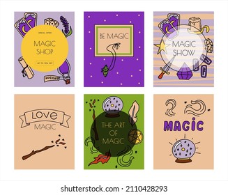 Magic hand drawn doodle banners. Vector icons of magic items. Collection halloween elements. Broom, potions, fortune-telling cards, runes, books, magic wand, hourglass Magic shop, show, mystical.