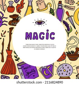 Banderas de doodles dibujadas a mano mágica. Iconos vectores de elementos mágicos. Elementos de halloween de la colección. escoba mágica, pociones, cartas de adivinación, corridas, libros, varita mágica, vidrio