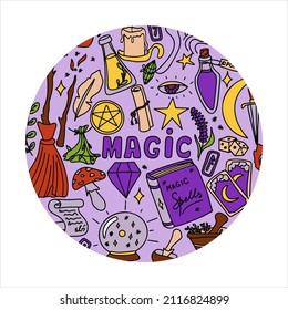 Magic hand drawn doodle banners. Vector icons of magic items. Collection halloween elements. Magic broom, potions, fortune-telling cards, runes, books, magic wand, hourglass