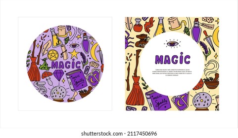 Zauberhafte, handgezeichnete Doodle-Banner. Vektorsymbole von Zaubergegenständen. Kollektion von Halloween-Elementen. Magischer Besen, Tränke, Glückssagkarten, Runen, Bücher, Zauberstab, Stundenglas