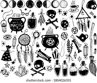 Magic hand drawn doodle set. Doodle set of magic itens. Collection halloween elements. Magic cauldron, pot, hat, broom, potions, books, magic wand, hourglass, dream catchers, moon phases, skull, bones