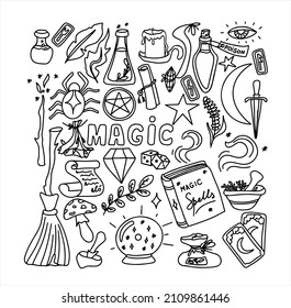 Magic hand drawn doodle set. Vector icons of magic items. Collection halloween elements. Magic broom, potions, fortune-telling cards, runes, books, magic wand, hourglass