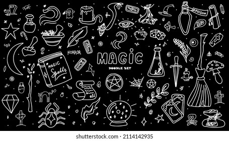 Juego de doodles dibujado a mano mágica. Iconos vectores de elementos mágicos. Elementos de halloween de la colección. escoba mágica, pociones, cartas de adivinación, corridas, libros, varita mágica, vidrio