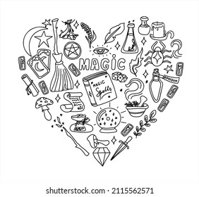 Magic hand drawn doodle set. Vector icons of magic items. Collection halloween elements. Magic broom, potions, fortune-telling cards, runes, books, magic wand, hourglass