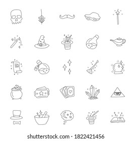 garabatos lineales dibujados a mano mágica aislados en fondo blanco.conjunto de iconos mágicos para el diseño web y ui, aplicaciones móviles y productos de impresión