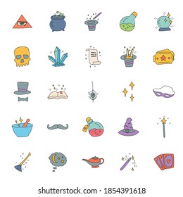 garabatos lineales dibujados a mano mágica aislados en fondo blanco.conjunto de iconos mágicos para el diseño web y ui, aplicaciones móviles y productos de impresión