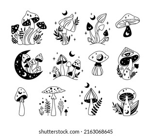 Magic hand drawn mushroom and moon isolated clip art bundle, mystical line celestial fungi, moon and stars, witchy floral esoteric objects, - black and white vector illustration set