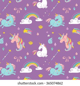Magic hand drawn pattern - unicorn, rainbow and fairy wings