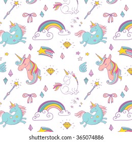 Magic hand drawn pattern - unicorn, rainbow and fairy wings