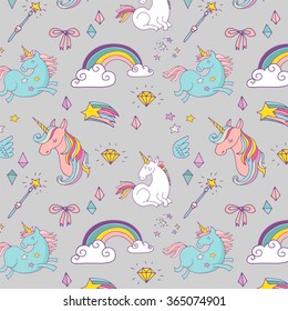 Magic hand drawn pattern - unicorn, rainbow and fairy wings